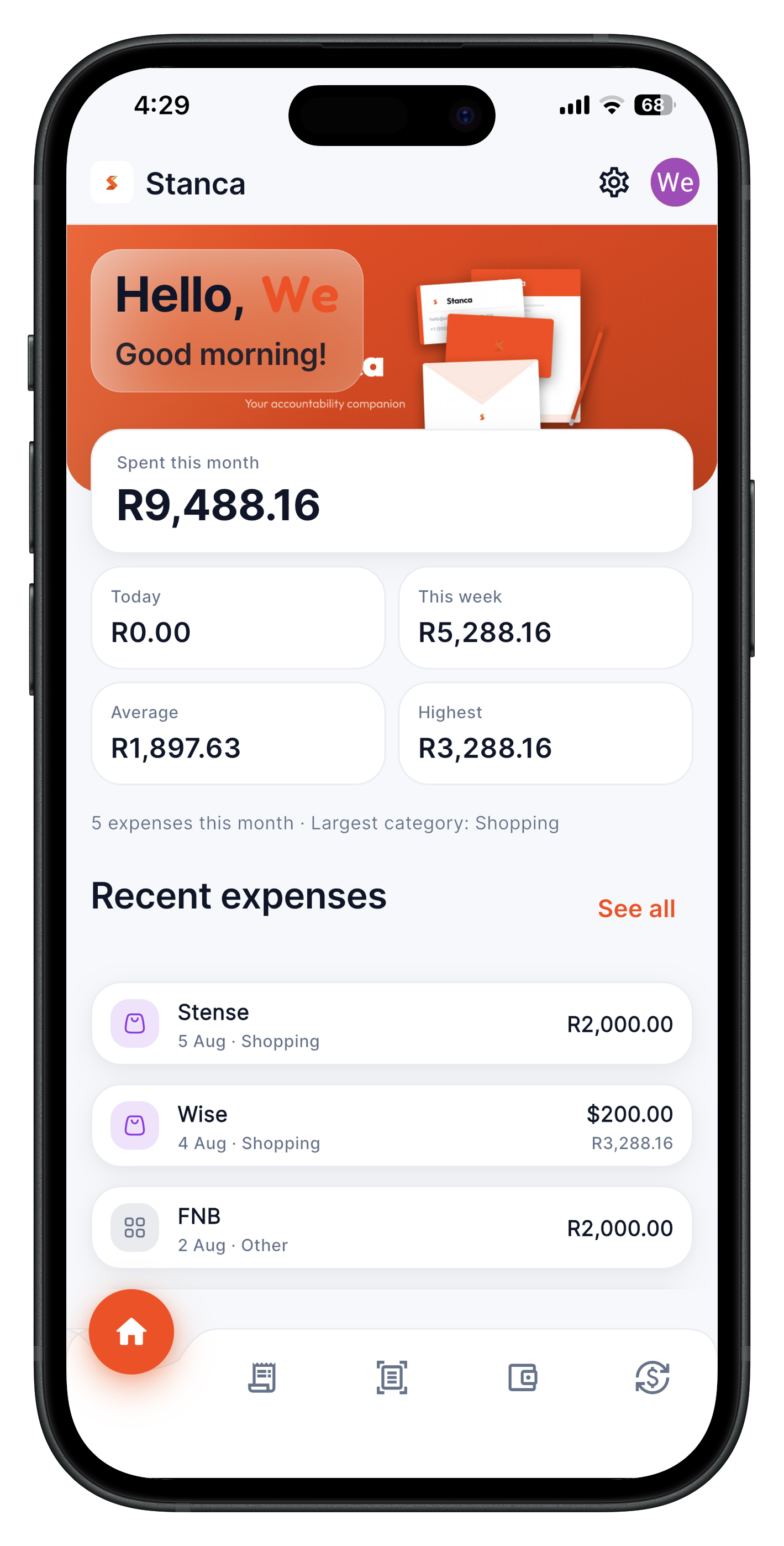 Stanca app home screen on a phone
